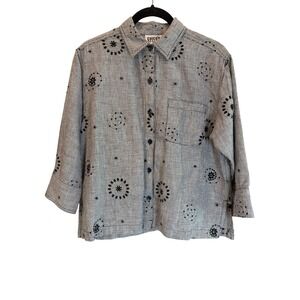 Chicos Design Linen Embroidered Shirt Black White Check Sunburst Top Size 0 S